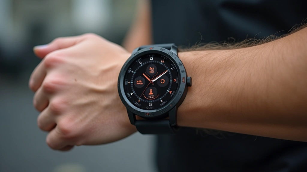 Advanced smartwatch displaying health metrics on wrist with blurred fitness background, accurate sensor technology visible, athletic lifestyle context