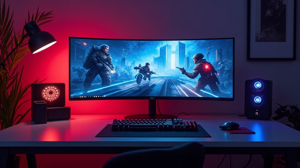 Professional gaming setup with mechanical keyboard, high-precision mouse, and ultrawide curved monitor displaying competitive game interface, RGB lighting ambient glow