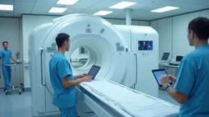 CT scanner machine in modern hospital radiology department with technician operating control panel, clinical setting, professional medical environment, photorealistic