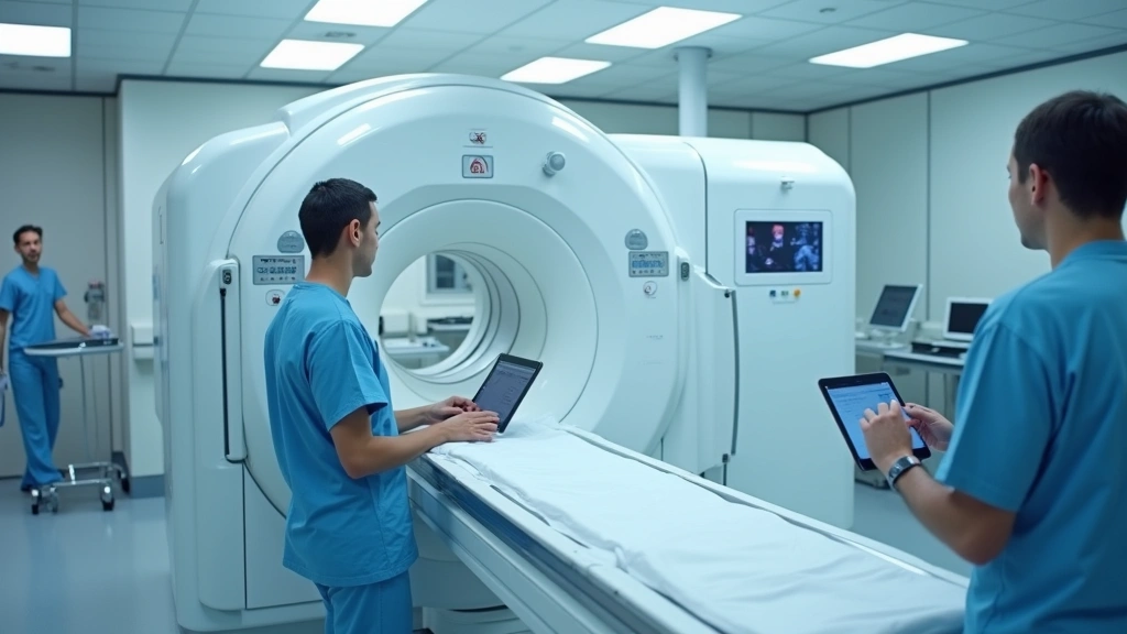 CT scanner machine in modern hospital radiology department with technician operating control panel, clinical setting, professional medical environment, photorealistic