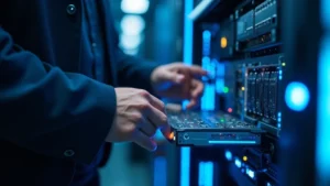 Close-up of IT technician hands working on server hardware with blue LED lights, professional data center environment, shallow depth of field