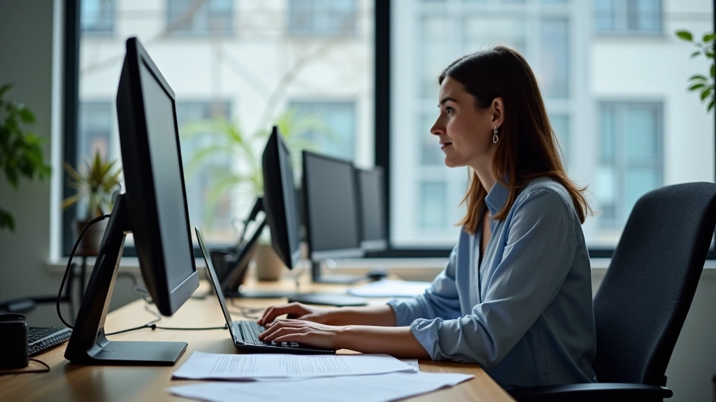 Professional woman at computer desk reviewing certification exam materials and study notes, modern office setting with multiple monitors