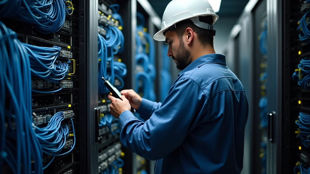 Network engineer examining fiber optic cables and network switches in equipment rack, organized cable management, professional IT infrastructure