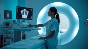 Professional CT technologist operating modern computed tomography scanner in hospital radiology department, monitor displaying cross-sectional images, clinical environment with medical equipment