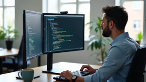 Professional software developer working at modern standing desk with dual monitors displaying code, keyboard, and coffee cup in bright office environment with natural lighting