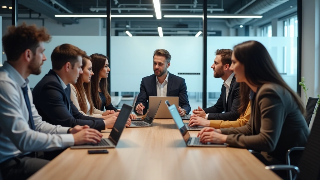 Diverse team of technology professionals collaborating around conference table with laptops and tablets, discussing project plans in contemporary corporate office space