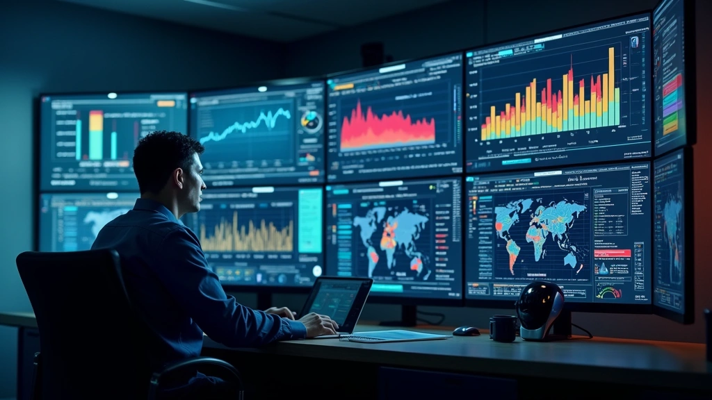 Cybersecurity professional monitoring network security dashboard with colorful data visualizations and real-time alerts on large display screens in secure operations center
