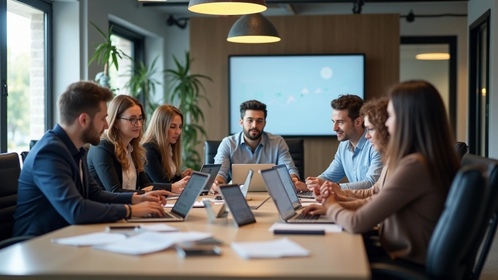 Team of diverse tech professionals collaborating around conference table with laptops and notepads, discussing project strategy in contemporary office space