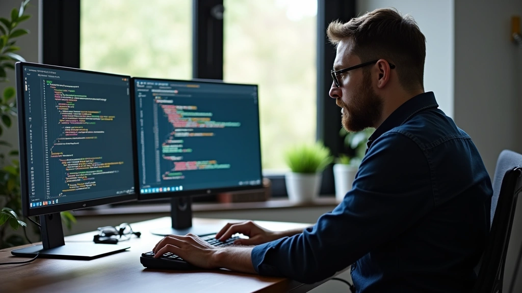 Professional software developer working at modern computer workstation in Connecticut tech office, typing on mechanical keyboard with dual monitors displaying code, contemporary workspace with natural lighting