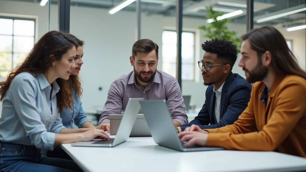 Group of diverse technology professionals in business casual attire having collaborative meeting around white table in startup office space, reviewing laptop screens and discussing project plans