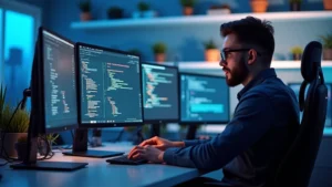 Professional software developer coding on modern computer setup with multiple monitors in bright tech office environment