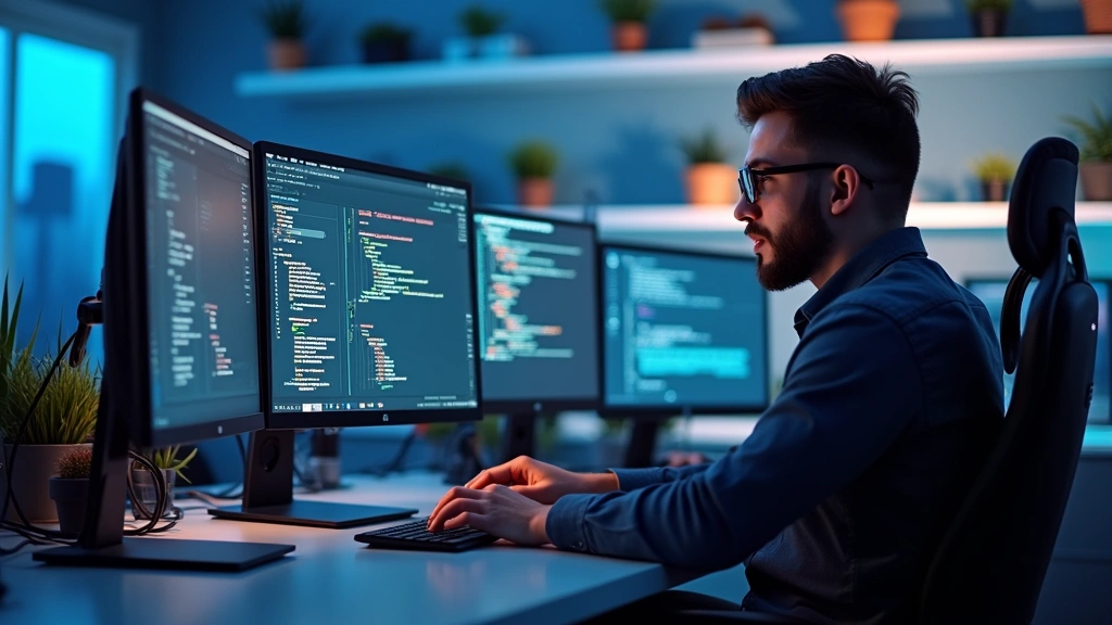 Professional software developer coding on modern computer setup with multiple monitors in bright tech office environment