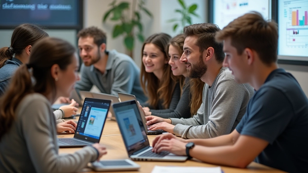 Group of diverse students collaborating on programming project with laptops in contemporary educational tech lab setting
