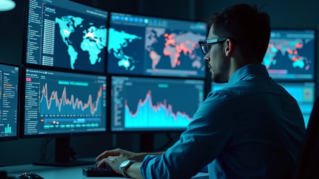 Cybersecurity specialist analyzing network data on advanced monitoring dashboard with multiple data visualization screens