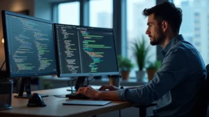 Professional software developer working at modern desk with multiple monitors displaying code and applications, natural lighting from office window, contemporary tech workspace