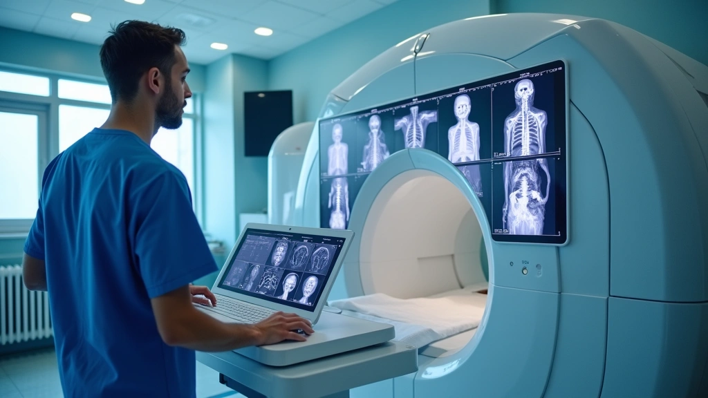 CT technologist in blue medical scrubs operating advanced Computed Tomography scanner console with multiple monitors displaying cross-sectional body imaging data in modern hospital radiology department