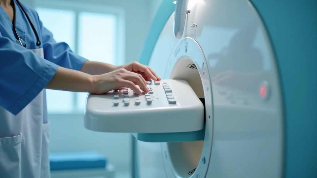 Close-up of healthcare professional hands adjusting CT imaging equipment controls and patient positioning system in clinical diagnostic imaging facility with modern technology