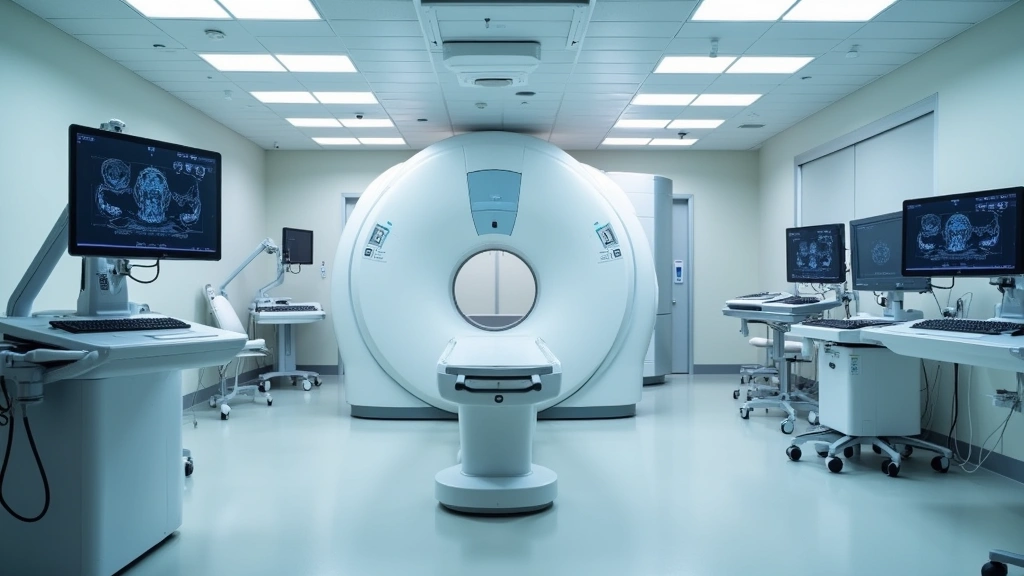 State-of-the-art CT scanner gantry in contemporary hospital radiology suite with advanced diagnostic imaging capabilities and clinical monitoring equipment