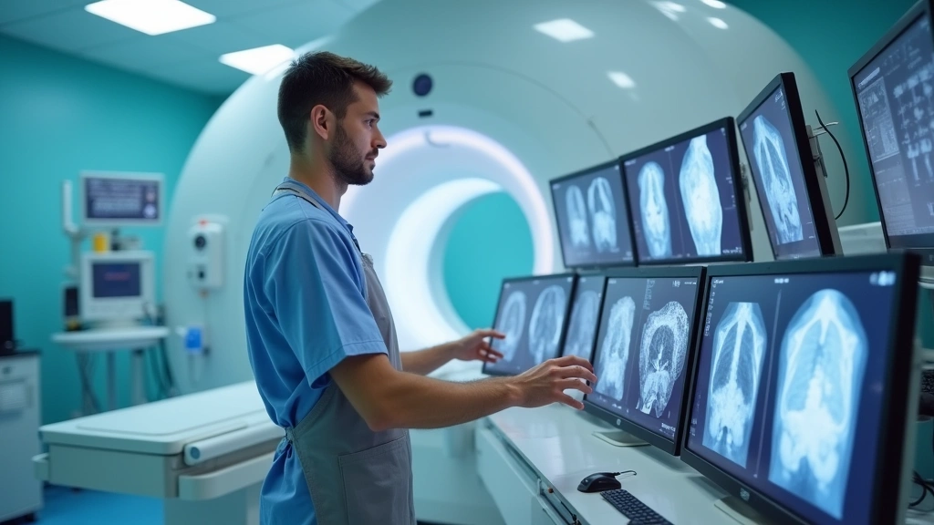 CT technologist operating modern computed tomography scanner in bright hospital imaging suite, wearing protective lead apron, hands on control panel with multiple monitors displaying cross-sectional images