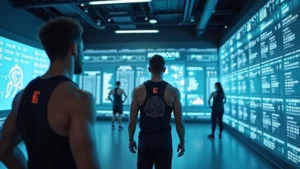High-tech athletic facility interior with modern biometric monitoring stations, athletes wearing sensor vests, real-time performance displays on walls, professional lighting, clean minimalist design, no visible text or logos