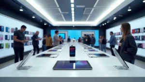 Modern tech store interior with bright LED lighting, rows of smartphones and tablets on white display stands, customers browsing products, professional retail environment
