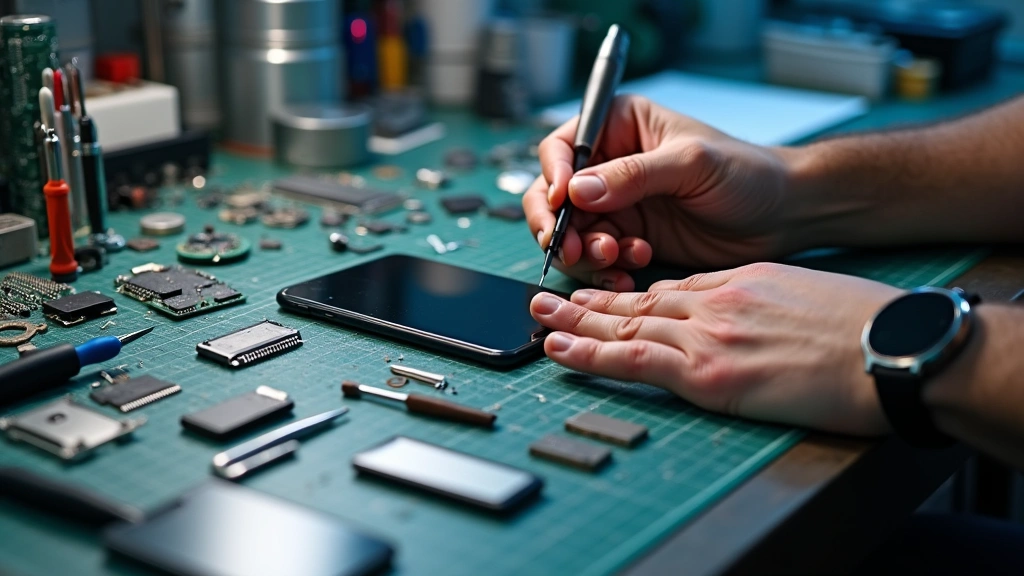 Tech repair workbench with organized tools, precision screwdrivers, circuit boards, and smartphone being serviced by technician hands in professional setting