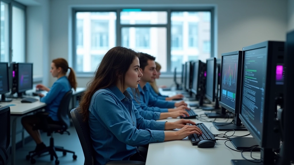 Vocational technical school classroom with students using modern computer workstations and network equipment in a bright, professional learning environment