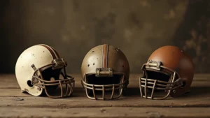 Vintage 1916 football uniforms and leather helmets displayed on wooden table, sepia tone photography, authentic period sports equipment, close-up detail of equipment wear patterns