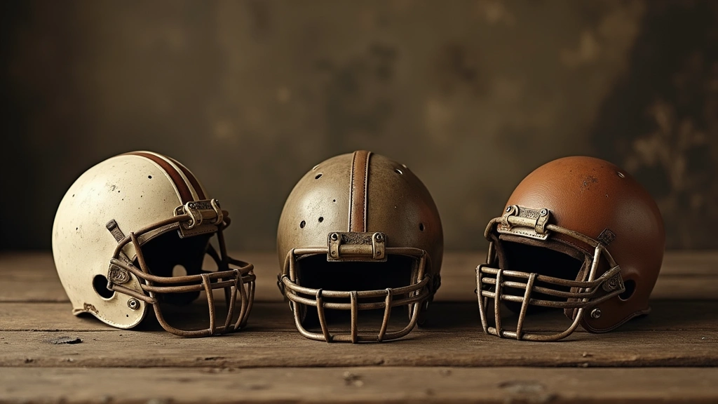 Vintage 1916 football uniforms and leather helmets displayed on wooden table, sepia tone photography, authentic period sports equipment, close-up detail of equipment wear patterns