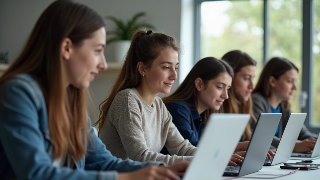 Diverse group of young developers collaborating at laptops in modern tech classroom, natural lighting, focused expressions, diverse ethnicities