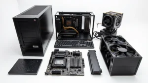 High-performance desktop computer components laid out neatly on white surface: CPU, GPU, RAM modules, SSD drives, motherboard, power supply, and cooling tower heatsink showing intricate design details