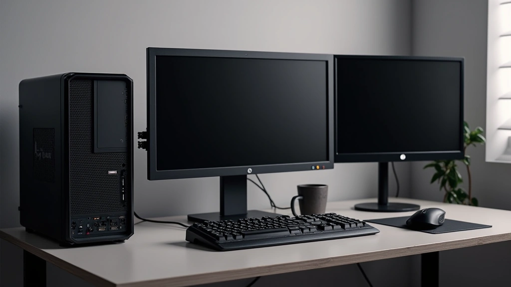 Professional workstation setup with dual monitors, compact form-factor custom PC tower, mechanical keyboard, precision mouse, and professional-grade peripherals on minimalist desk